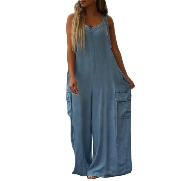 Dames overall losse pasvorm Effen top met O-hals Lange broek met zakken Lichtgewicht polyester overall voor de zomer blauw XL