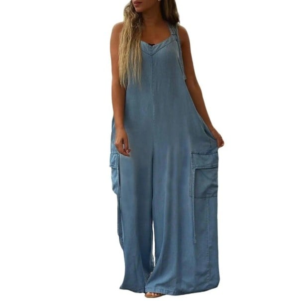 Dames overall losse pasvorm Effen top met O-hals Lange broek met zakken Lichtgewicht polyester overall voor de zomer blauw L