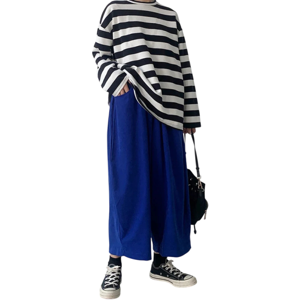 Dames oversize broek met hoge taille en elastische tailleband en volumineuze afgeronde pijpen in een lengte boven de enkels, aangevuld blauw M