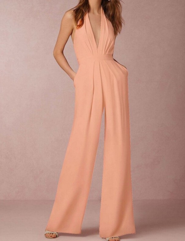 Dames party jumpsuit met open rug A2078 abrikoos XS