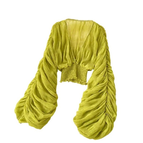 Dames polopr transparante blouse Universele maat V-hals Lange mouwen Rimpeling Elastiek in de taille Elegant geel