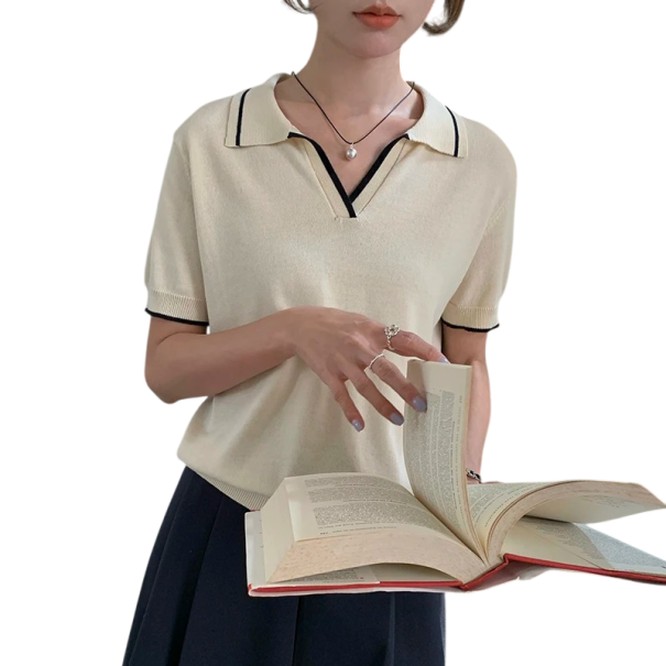 Dames Poloshirt Korte Mouw V-hals Kraag Knopen Effen Kleur Katoen Comfortabel Elegant Casual Top Zomer Lente beige L