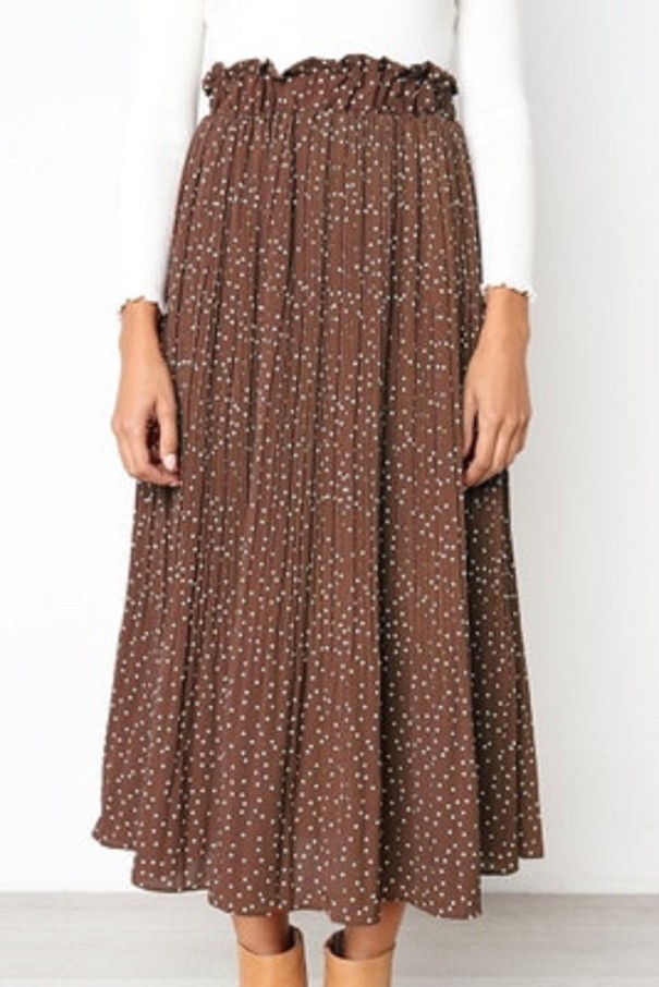 Dames rok met hoge taille en stippen bruin L