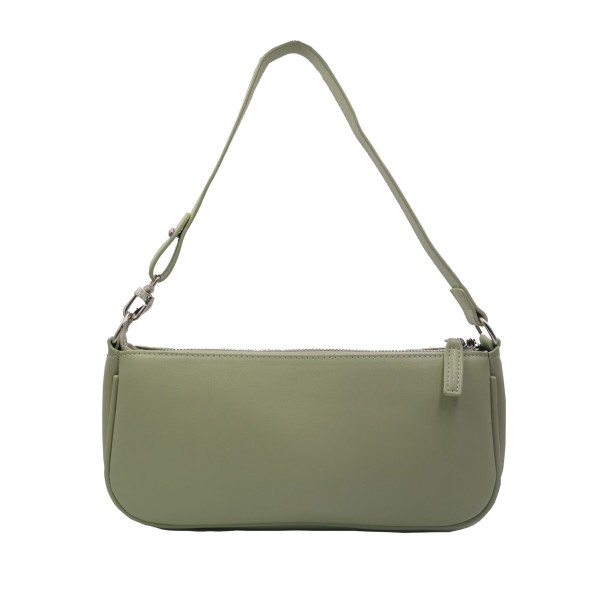 Dames schoudertas Langwerpige vorm met ritssluiting Korte band met metalen karabijnhaken Zachte groene kleur 29 x 13,5 x 5 cm 1