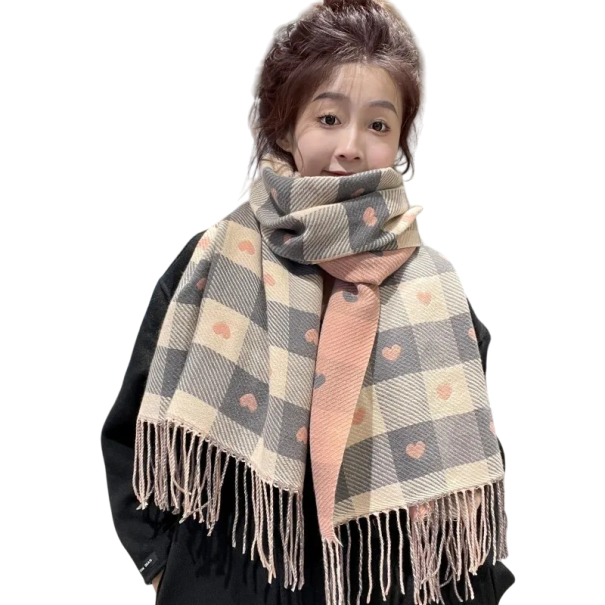 Dames Sjaal Polyester Sjaal met Eenvoudig Ruit- en Hartpatroon en Franje Einde Warme Elegante Modeaccessoire Stijlvolle Comfortabele Sjaal voor Dagelijks Gebruik roze