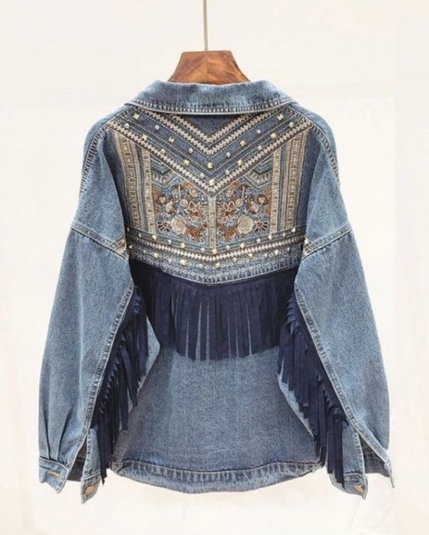 Dames spijkerjasje met franjes donkerblauw S