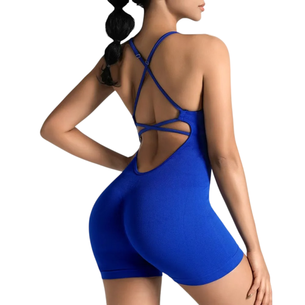 Dames sportieve overall Dunne bandjes open rug en shorts Effen fitness overall van nylon en spandex marineblauw L