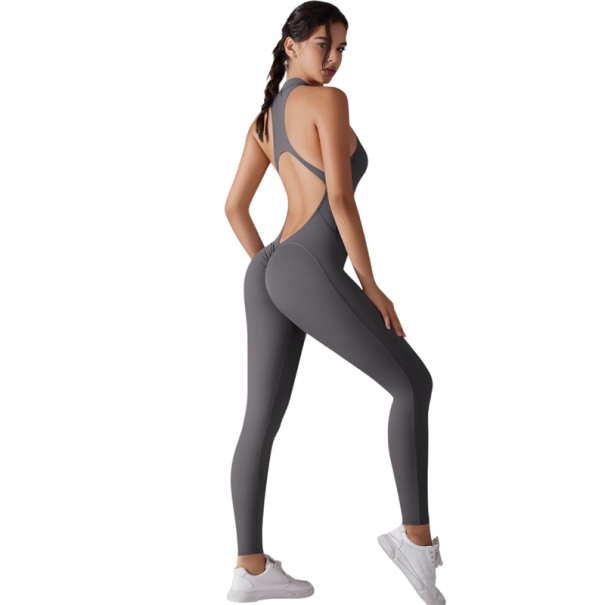Dames sportieve overall met bandjes en open rug en leggings met rits in de hals Effen fitness overall van nylon donkergrijs M