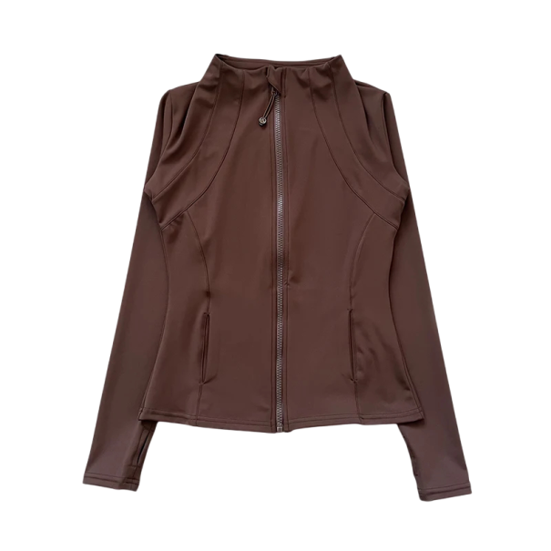 Dames sportjack met opstaande kraag Slim-fit Snel drogend ademend materiaal Duimgat Interne mobiele telefoonzak bruin M
