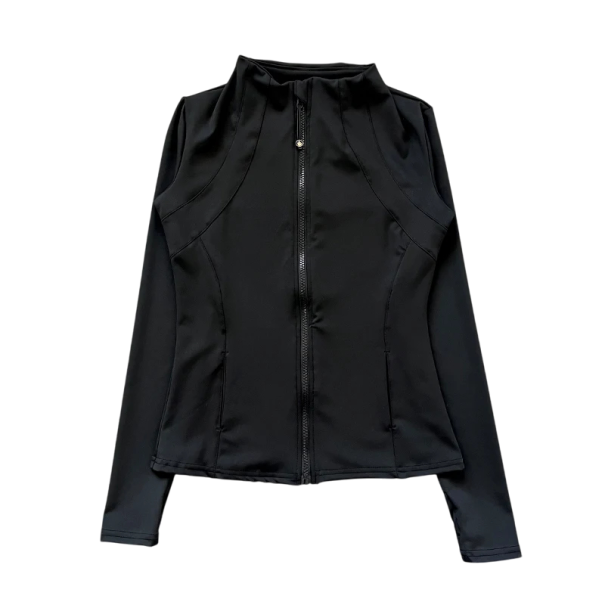 Dames sportjack met opstaande kraag Slim-fit Snel drogend ademend materiaal Duimgat Interne mobiele telefoonzak zwart M