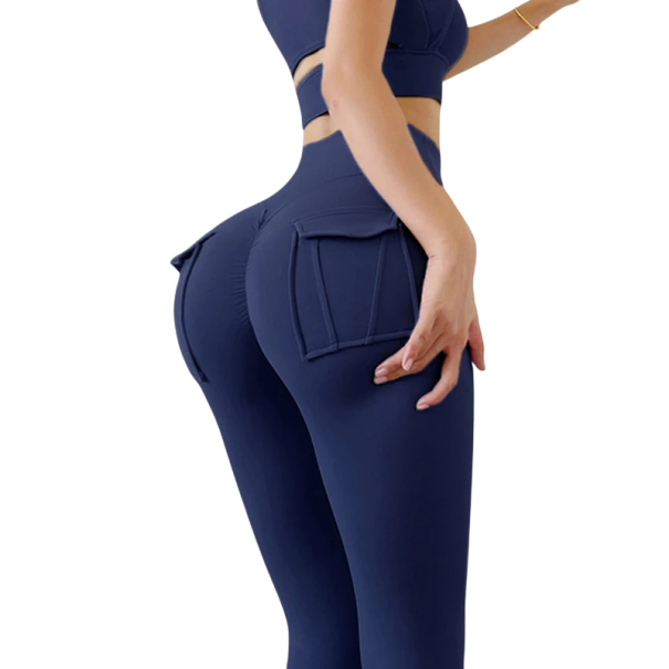Dames sportlegging met hoge taille en zakken, elastische trainingsbroek met slanke pasvorm en comfortabele fitnesskleding blauw L