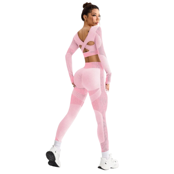 Dames sportoutfit Leggings en crop top met lange mouwen Effen fitnessoutfit van nylon en polyester roze L