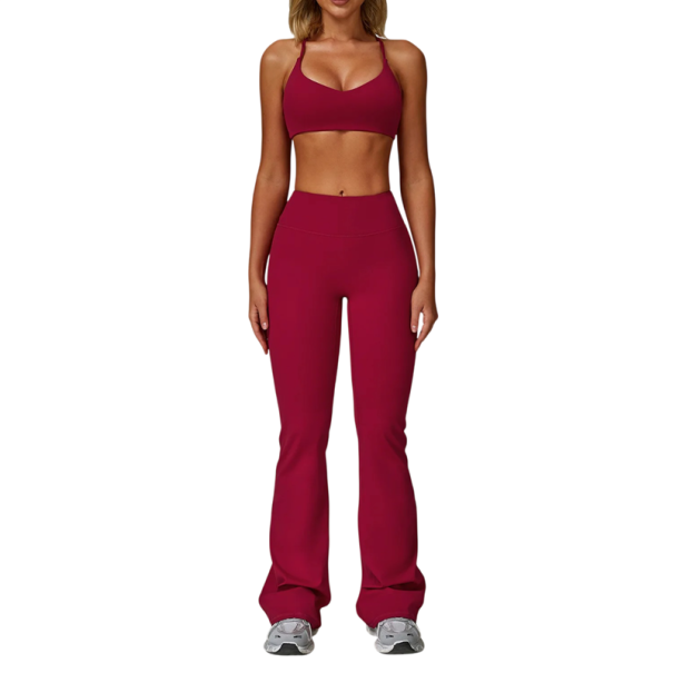 Dames sportoutfit met broek en sportbeha, eentonig, nylon, spandex, comfortabel en stijlvol voor fitness en vrije tijd rood M