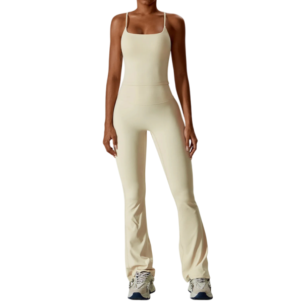 Dames sportoutfit met broek en top, effen, nylon, spandex, comfortabel en stijlvol voor fitness en training beige S