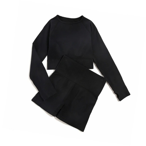 Dames sportoutfit Shorts en shirt met lange mouwen Effen fitnessoutfit van nylon zwart L