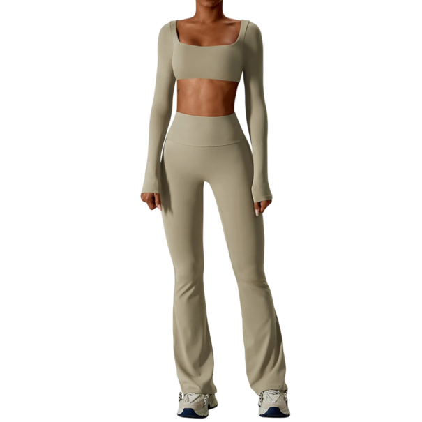 Dames sportset met broek en crop top met lange mouwen, effen, nylon, spandex, comfortabel en stijlvol voor fitness grijs M