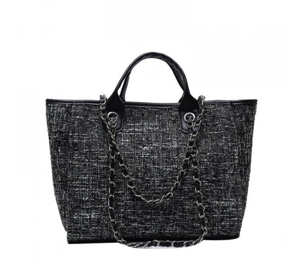 Dames stoffen handtas met gemêleerd oppervlak 31 x 24 x 16 cm Korte hengsels om in de hand te dragen Kettingen met bandje over de schouder zwart