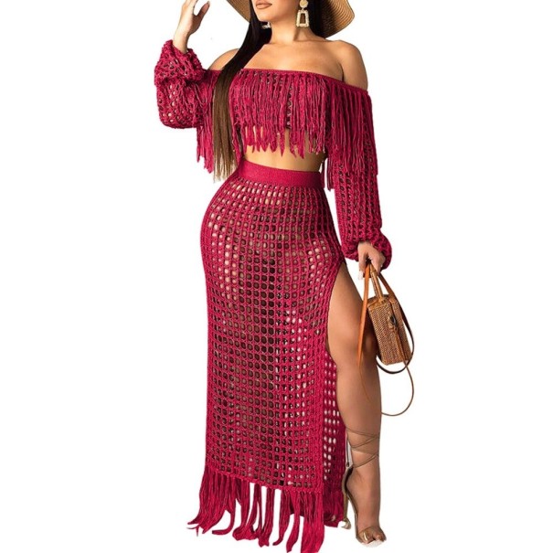 Dames strand crop top en rok B1088 wijnrood XXL