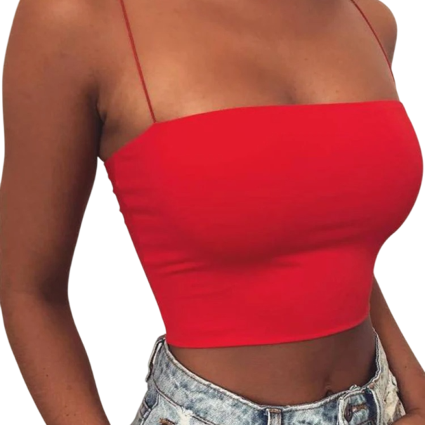 Dames T-shirt Effen U-hals Dunne Schouderbandjes Lichte Polyester Top Comfortabele Pasvorm Voor Zomer En Laagjes rood L