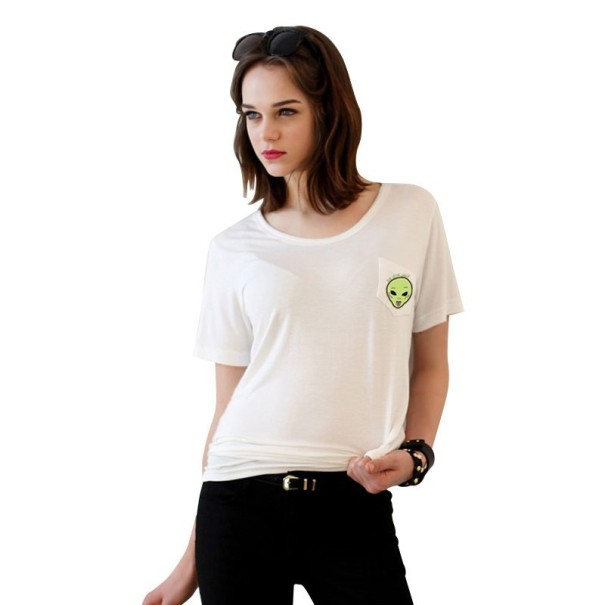 Dames T-shirt met alien op de zak J1794 wit XXL