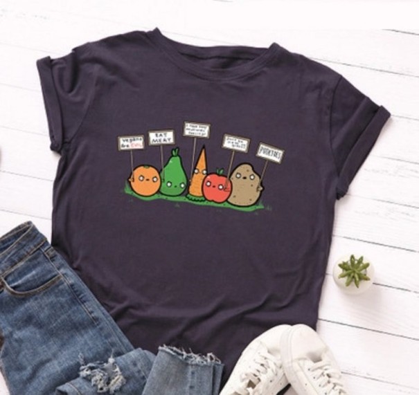 Dames T-shirt met groenteprint donkerblauw 4XL