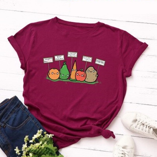 Dames T-shirt met groenteprint wijnrood 3XL