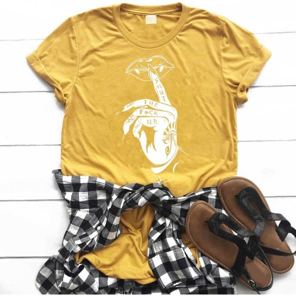 Dames T-shirt met handmotief mosterdgeel XL