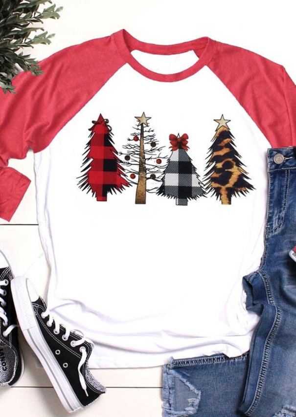 Dames T-shirt met kerstbomen rood XXL