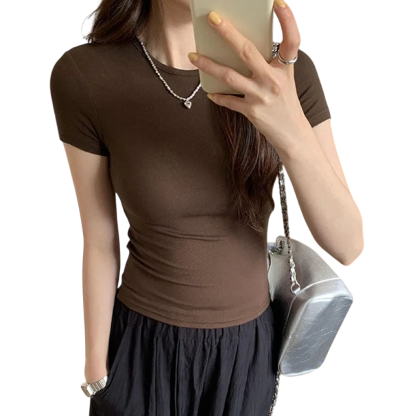 Dames T-shirt met korte mouwen Elegante getailleerde snit Katoenen materiaal Modieuze tailletop Casual kleding voor in de stad en thuis bruin M