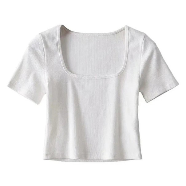 Dames T-shirt met korte mouwen Elegante vierkante halslijn Slanke pasvorm Lichtgewicht geribbeld materiaal Stijlvolle basic top voor dagelijks gebruik wit M