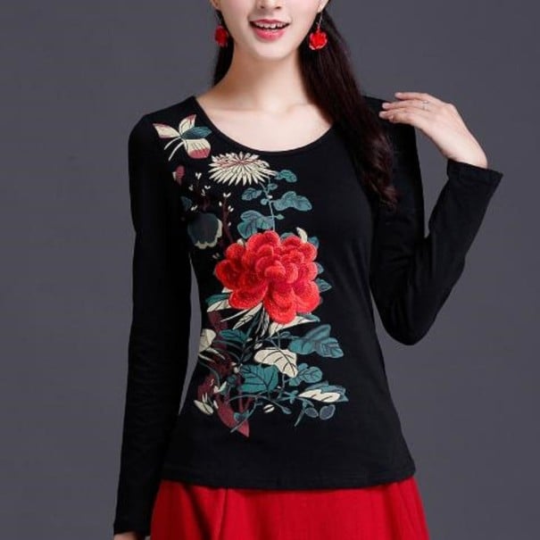 Dames T-shirt met lange mouwen en bloemenmotief zwart M
