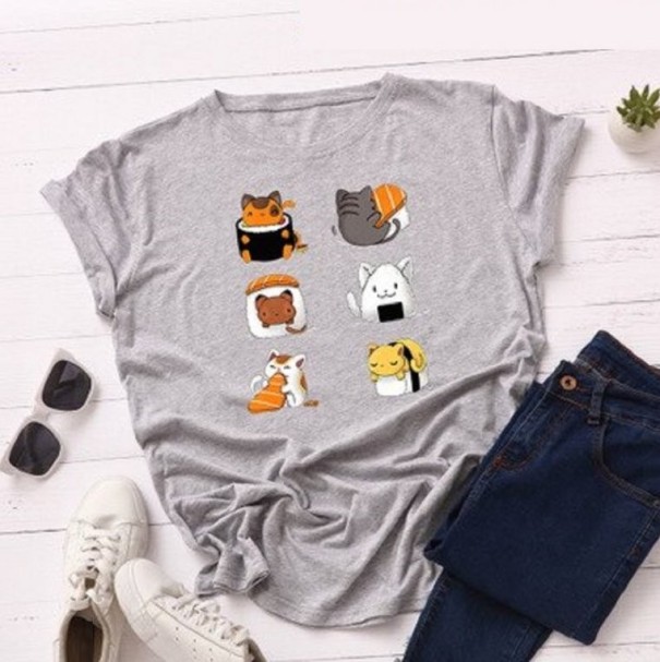 Dames T-shirt met sushi- en kattenprint grijs 4XL