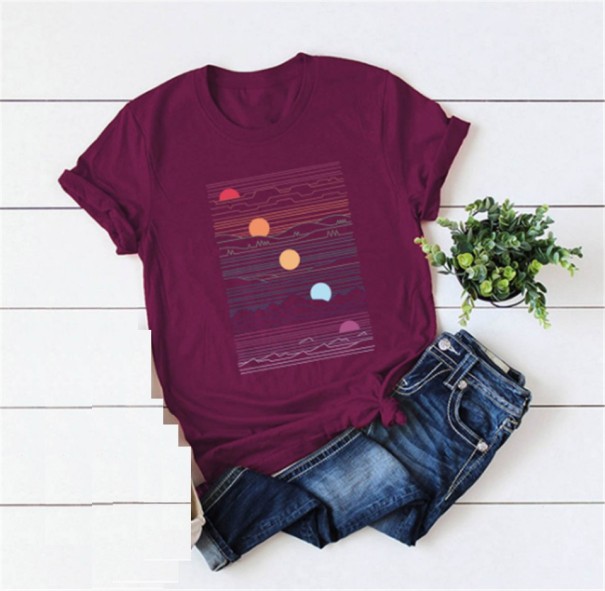 Dames T-shirt met zonsondergangmotief wijnrood 4XL