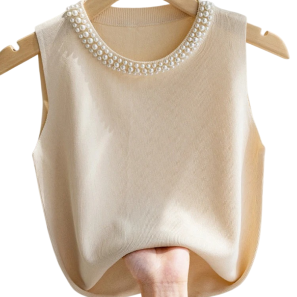 Dames T-shirt Universele maat Effen met parels Brede schouderbanden Ronde hals Materiaal polyester katoen beige
