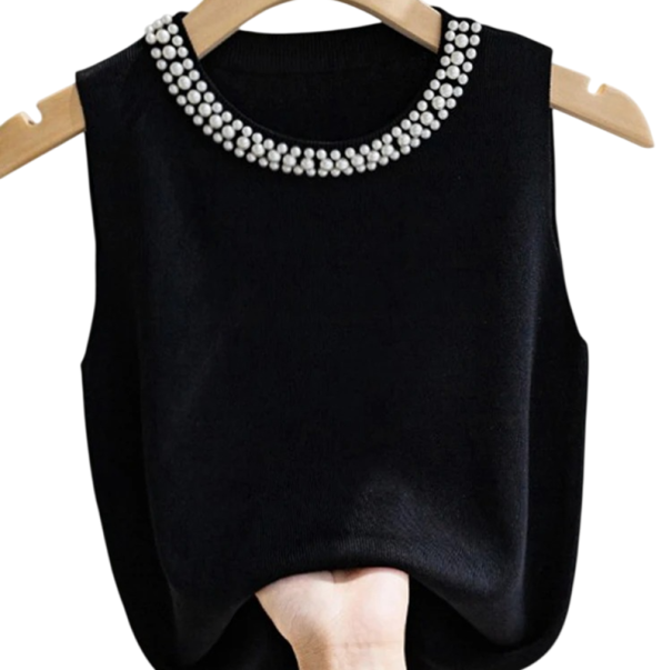 Dames T-shirt Universele maat Effen met parels Brede schouderbanden Ronde hals Materiaal polyester katoen zwart