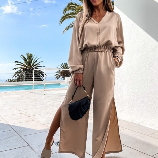 Dames top met lange mouwen en broek B1193 beige L