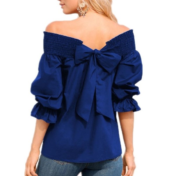Dames top met plooien en strik blauw 3XL