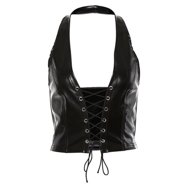 Dames top van imitatieleer met veterdetail M