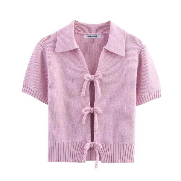 Dames trui crop top met kraag Korte mouw Drie strikjes aan de voorkant Effen zomer top Verschillende kleuren Polyester Katoen roze L