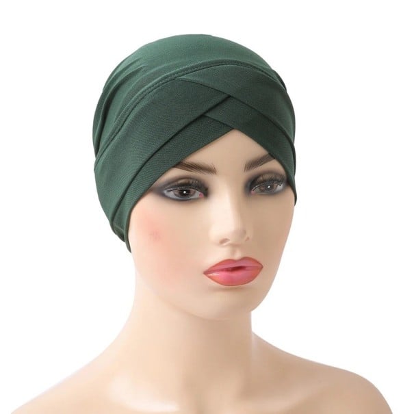 Dames turban met kruisontwerp van lycra elastische hoofdbedekking voor dagelijks gebruik, sociale gelegenheid donkergroen
