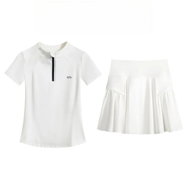 Dames tweedelige sportset t-shirt met korte mouwen en voorrits en geplooide rok elastische set van polyester voor tennis en sport wit M