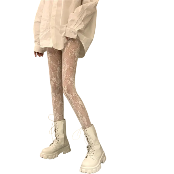 Dames visnetkousen met bloemenpatroon Elegante bloemen visnetpanty Sexy ademende kousen voor avond- en dagkleding wit