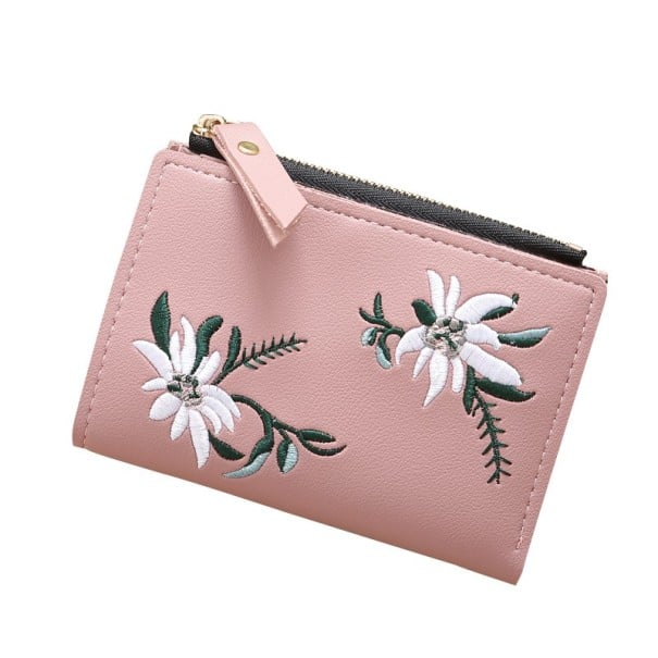 Dames vouwportemonnee met geborduurde witte bloemen Ritsvak voor munten Kaartslots Doorzichtig venster Kunstleer en polyester roze