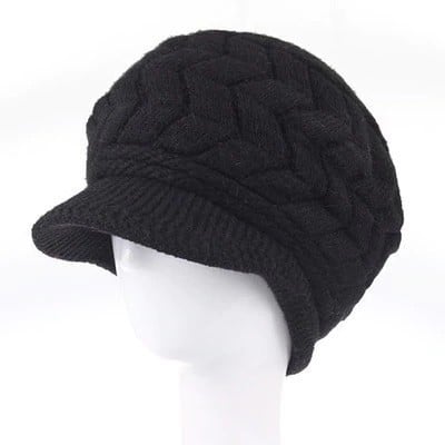 Dames winter gebreide muts met klep Warme pluche voering Plastisch bladerenpatroon Wol en katoen Hoofdomtrek 54 tot 58 cm zwart