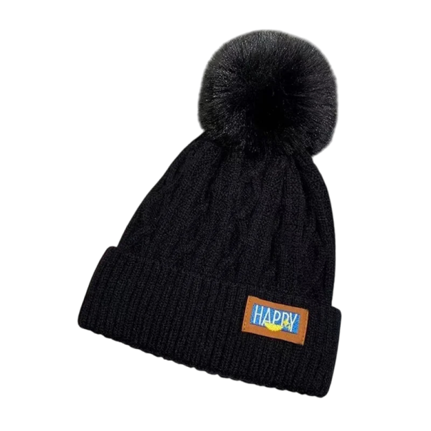 Dames winter gebreide muts met pompon 56–60 cm Warme verdikkende gehaakte muts Acrylaat Polyester Kunstbont Elegante effen muts zwart