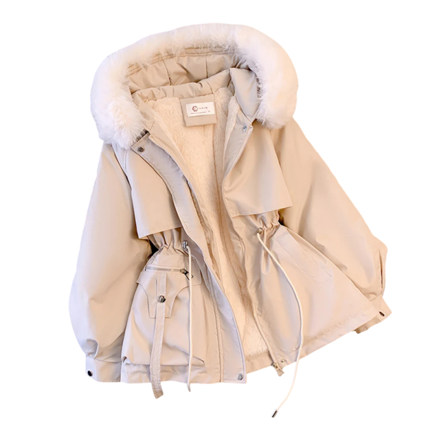Dames winterjas met capuchon en bont Sluiting met rits en drukknopen Touwtje in de taille Polyester uitvoering Handzakken Warme stijlvolle jas voor de winter beige M
