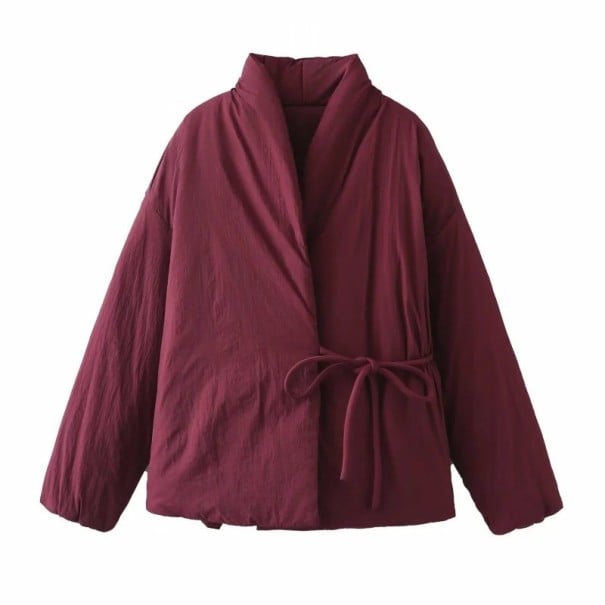 Dames winterjas met V-hals Elegante jas van polyester Zijden strik aan de zijkant Comfortabele pasvorm Stijlvolle winterjas wijnrood S