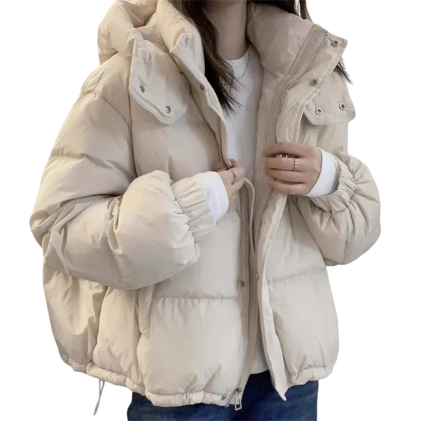 Dames winterjas van katoen Warme jas met capuchon Hoge staande kraag Ritssluiting en drukknopen Praktische zakken Comfortabele winterkleding beige XXL