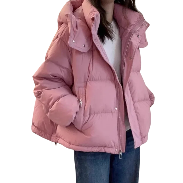 Dames winterjas van katoen Warme jas met capuchon Hoge staande kraag Ritssluiting en drukknopen Praktische zakken Comfortabele winterkleding roze L
