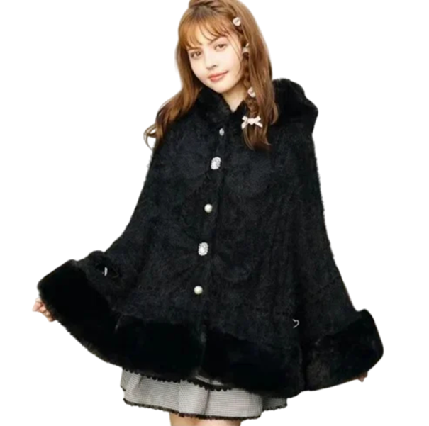 Dames winterjas van pluche Universele maat Warme jas met capuchon Knopsluiting Decoratieve details Zachte polyester jas zwart